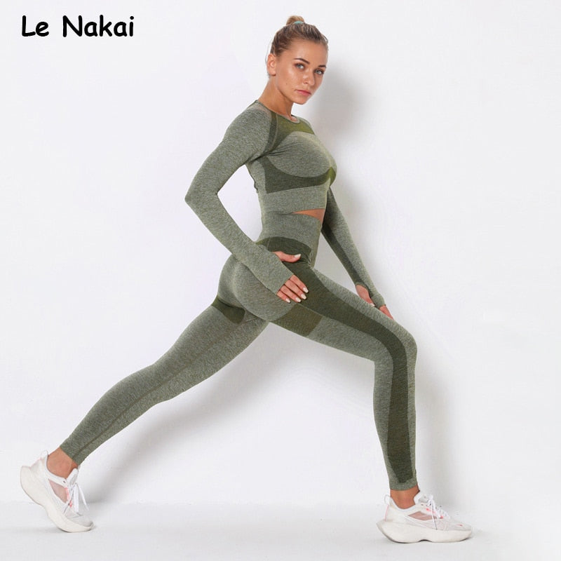 Long sleeve seamless yoga set for women workout seamless leggings open back yoga top fitness gym clothing gym suits